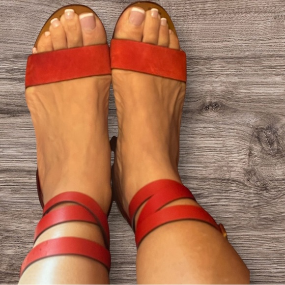 Gucci Authentic 7 US 37 EU Red Orange Leather GG Marmont Sandals Shoes Heels - Picture 12 of 14